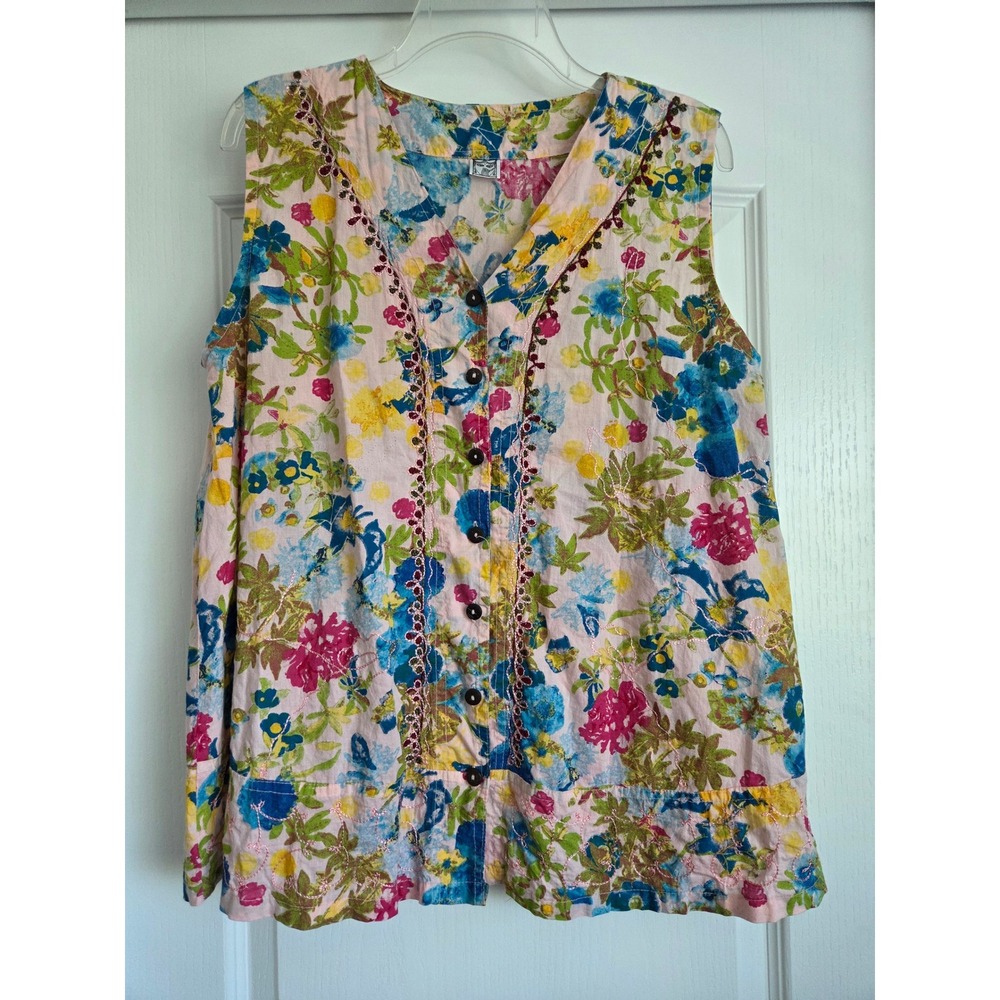Floral Embroidered India Made Cotton Sleeveless Flowy Button Down Top Free Size